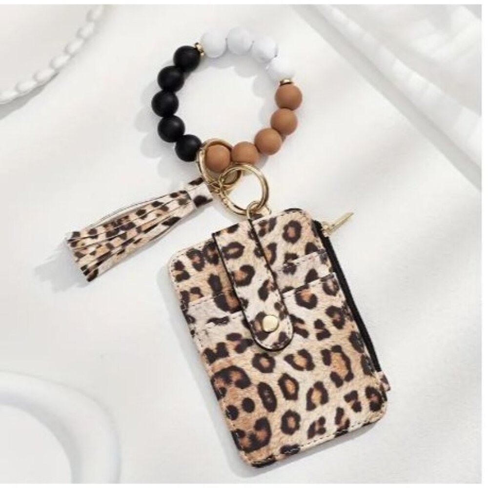 Leopard Print Keychain Wallet With Tassel &‎ Bead Bracelet